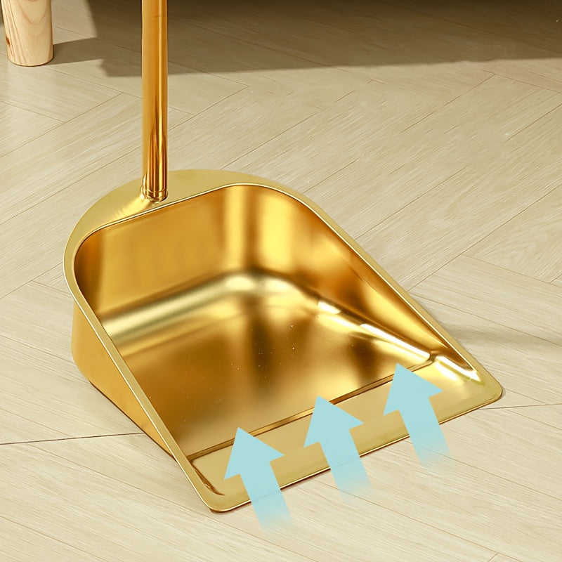 PMMJ Golden Stainless Steel Broom and Dustpan Set - Durable, Long Handle for Indoor/Outdoor Use, Vertical Design for Easy Cleaning, Upgrade Dustpan