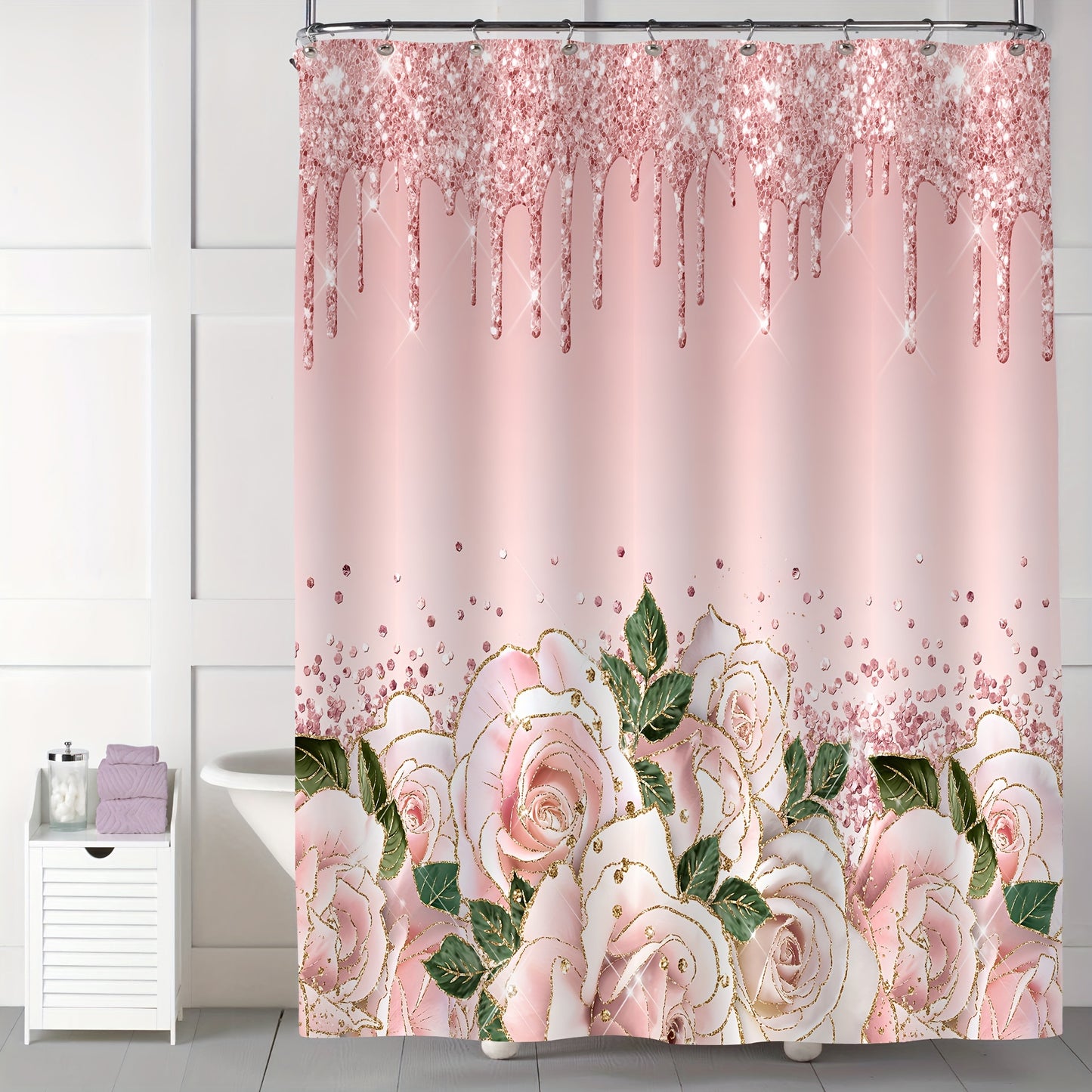 Set of 4 pink rose shower curtains with glitter, includes waterproof curtain, rug, u-shape mat, toilet lid cover, and 12 hooks.