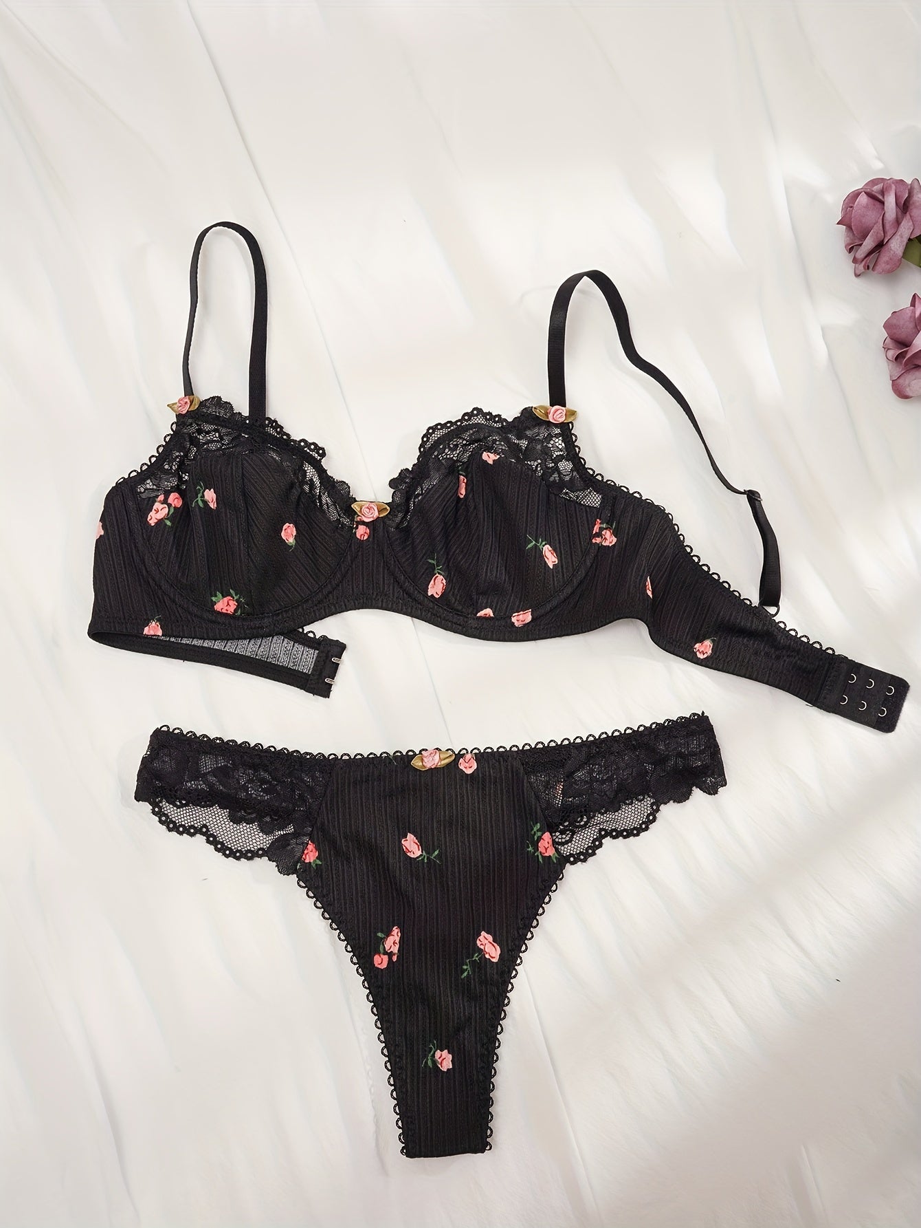 Floral print bra set and cute push-up bra with lace thong lingerie for women