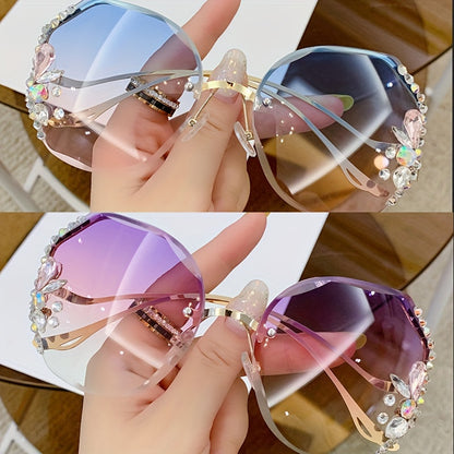 Purchase one and receive one free rhinestone glasses with a frameless gradient lens and a unique bent leg design.