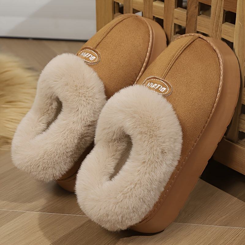 Women's preppy solid color slip on furry slippers with soft warm fleece, round toe, EVA sole, fabric upper and inner material, all-season casual wear.