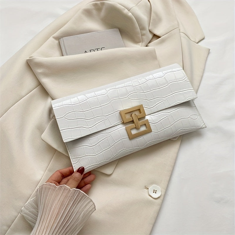 Stone textured clutch made of small synthetic leather, magnetic buckle closure, various colors.