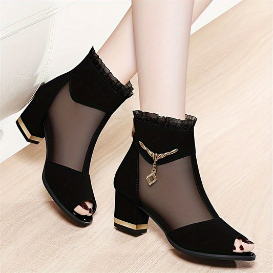 Breathable mesh chunky heel sandals for women with open toe, back zipper, and stylish design.