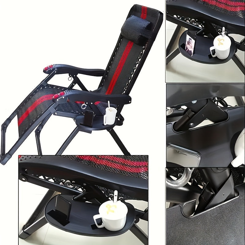 Rugged Black Zero Gravity Chair Cup Holder featuring Phone Slot, Clip-On Tray, Corrosion & Abrasion Resistance, Weather-Proof Design, No Electricity Required. Made from Durable Plastic, Ideal for Beach and Leisure Chairs. Ideal for Home Organization.