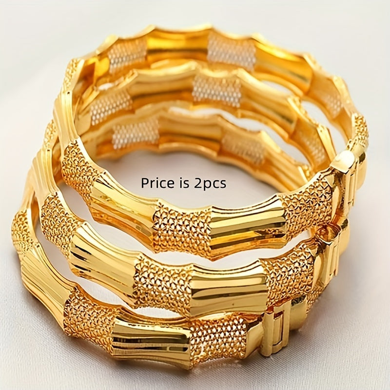 Luxurious Arabian Fashion Cuff Set with Stunning Copper Bamboo Segment Design | Set of 2 | Shimmering Yellow Finish Perfect for any Occasion| Ideal Valentine's Day Present | Timeless and Versatile Piece | No need for Plating