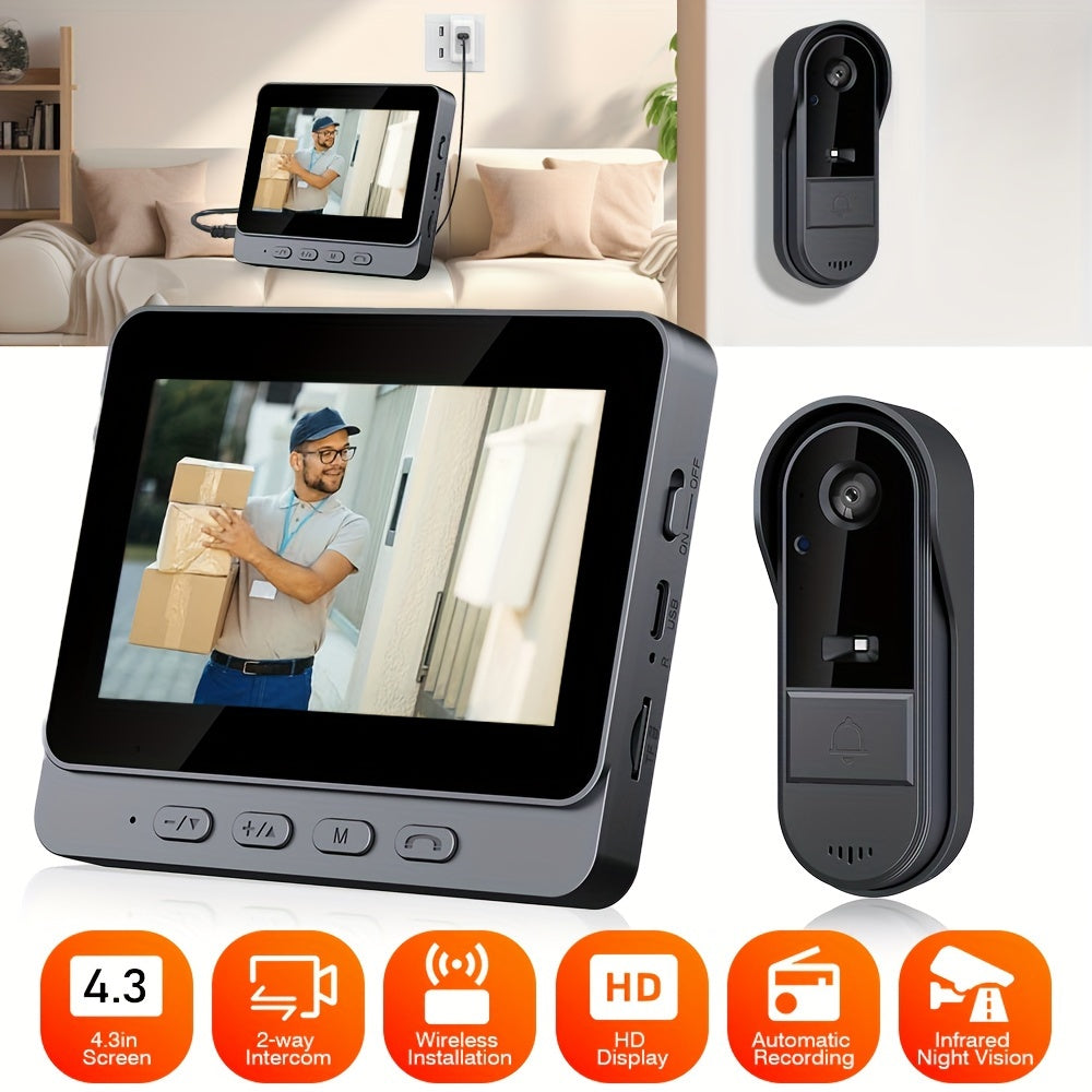 Simple and effective smart video doorbell kit with HD camera, indoor monitor, night vision, USB rechargeable battery, strong signal, and long battery life.