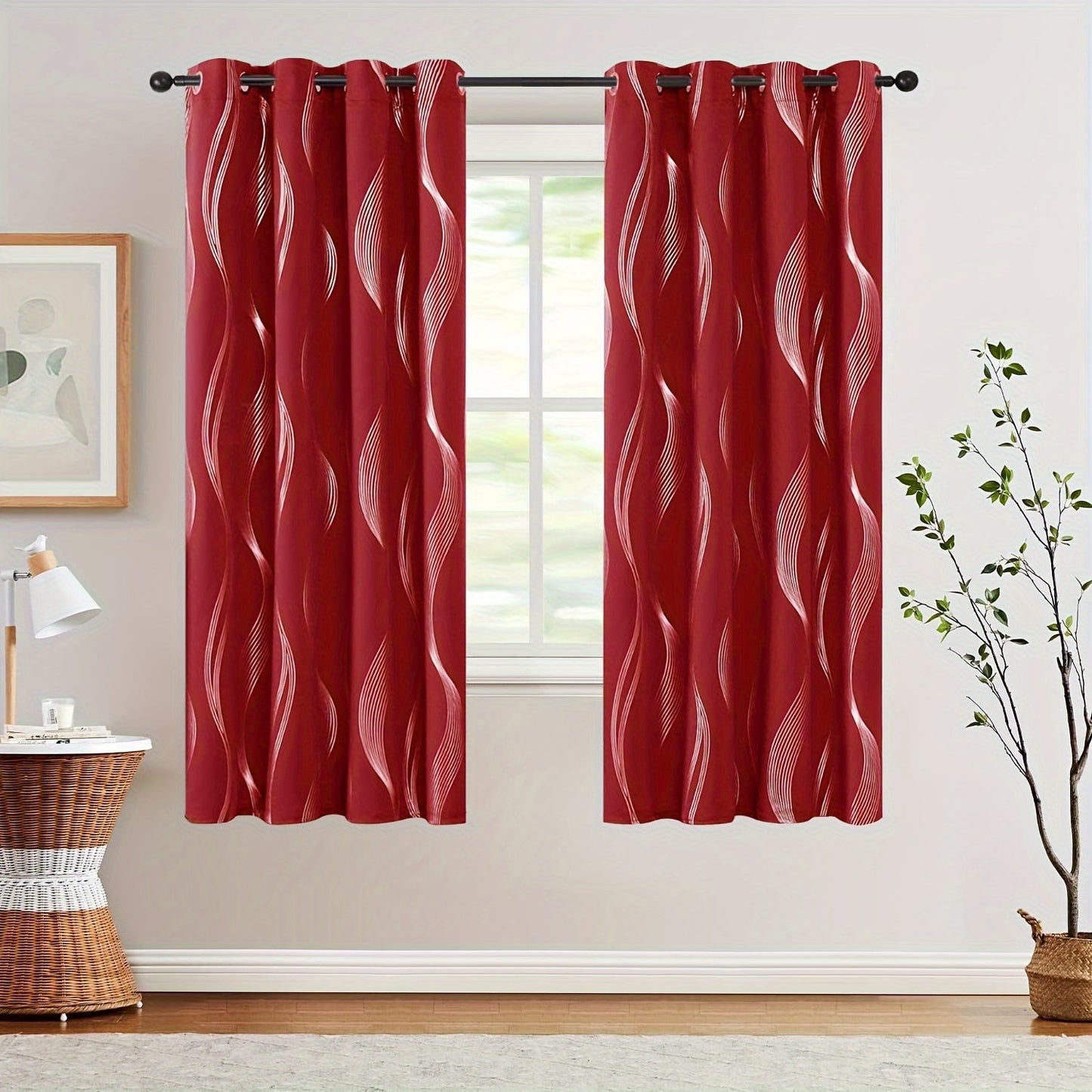 Two pieces of contemporary blackout curtains made from high-quality woven polyester, featuring a grommet top design for easy hanging. These room darkening drapes are machine washable and showcase a fantasy stripe pattern with eyelet detailing. Suitable