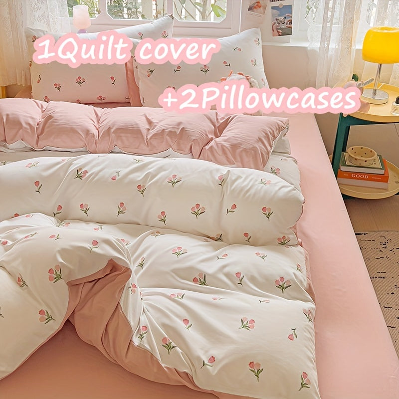 3-piece bedding set includes 1 quilt cover and 2 pillowcases with floral design. Cozy, breathable, and suitable for all seasons. Machine washable with no fading or deformation. Ideal for a