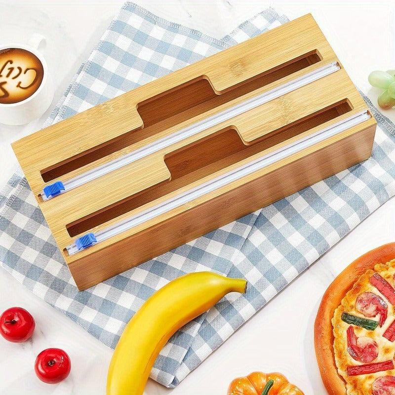 Kitchen organization set featuring a sliding paper cutter and multiple functions. Made of durable plastic, this set includes a foil and wax dispenser, as well as a cherry tomato and orange slicer. Ideal for food wrapping and creating a food wrapping