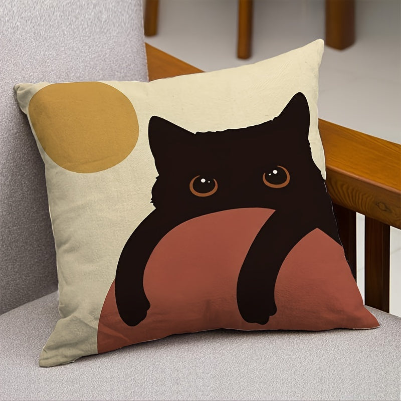 Contemporary Black Cat Design Double-Sided Throw Pillow Cover, 44.96x44.96cm, Abstract Modern Farmhouse Decorative Cushion Case with Zipper Closure for Couch, Patio, Living Room. Machine Washable - Made of 100% Polyester, Insert Not Included.