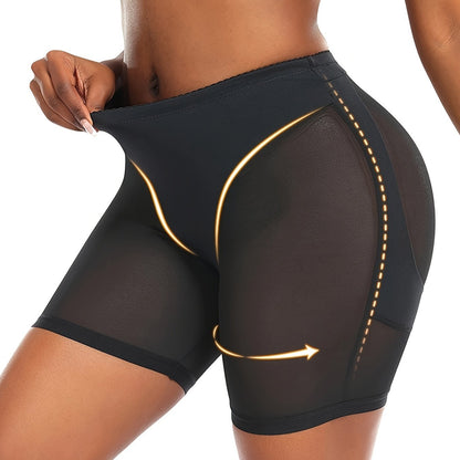 Slimming black shapewear shorts with high waist, tummy control, mesh panels, and a golden zipper detail. Made from a stretchy blend of polyester and elastane, providing mid-support.