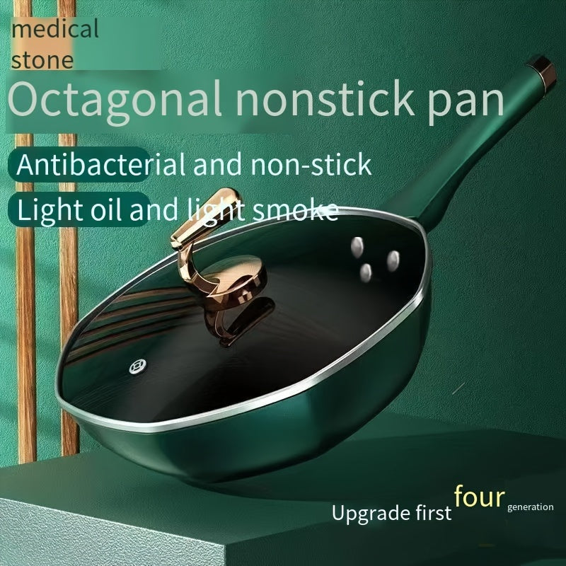 Octagon-shaped cast iron skillet with non-stick coating, ideal for use on gas and induction cooktops. Smokeless and versatile, perfect for all your frying needs.