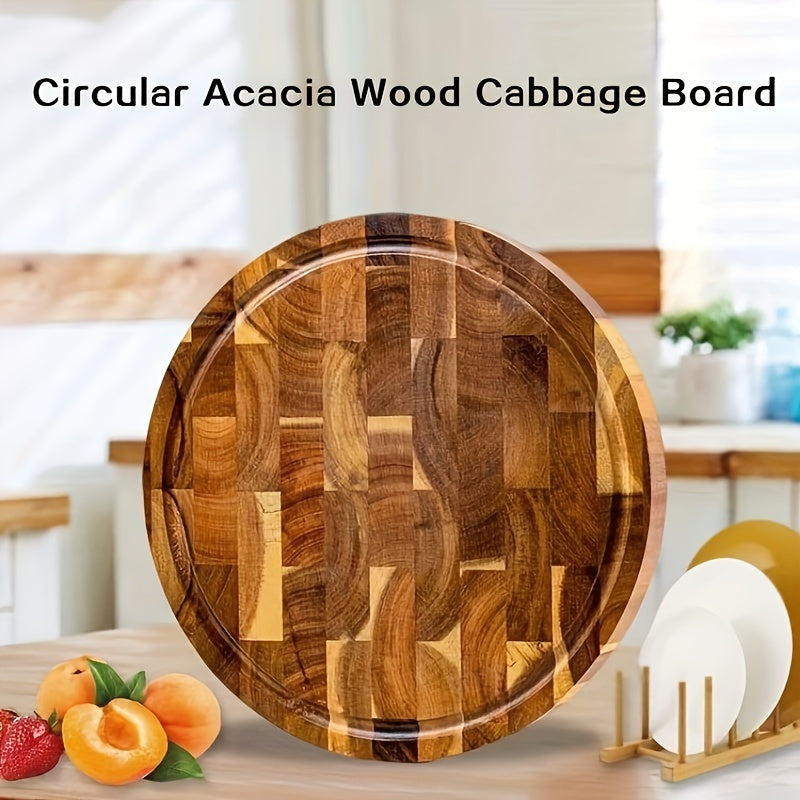 Round Acacia Wooden Serving Board - Durable Solid Wooden Cutting Board for Chopping Meat, Vegetable, Steak, and Fruit - Kitchen Household Essential - Food Supplement Serving Board and Fruit Cutting Pad - Kitchen Supplies