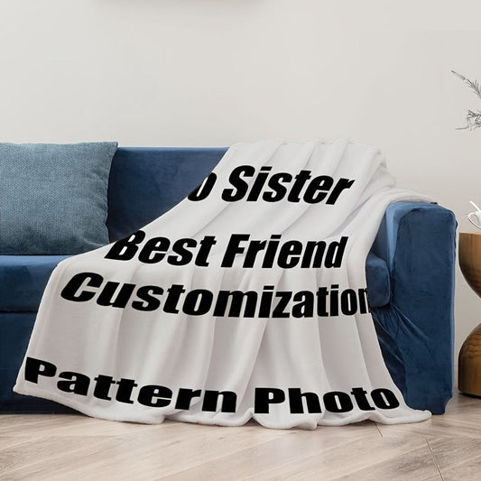 Customize your living space with our personalized 1 piece flannel fleece blanket. This digital print heat transfer blanket features your own photo and a contemporary geometric pattern. Perfect for all seasons, it is reversible and can be used for