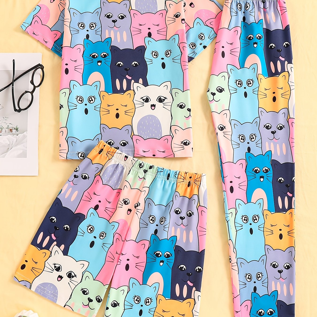 3-piece pajama set for girls with cat print loungewear