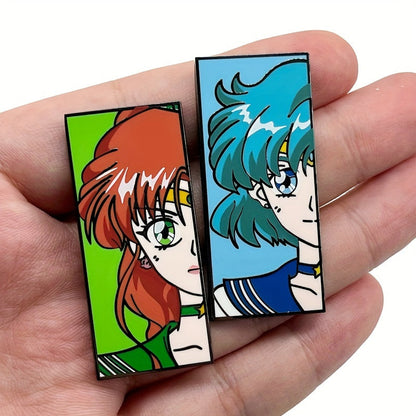 Colorful enamel pin badge with an anime cartoon design for clothing and backpack accessories.