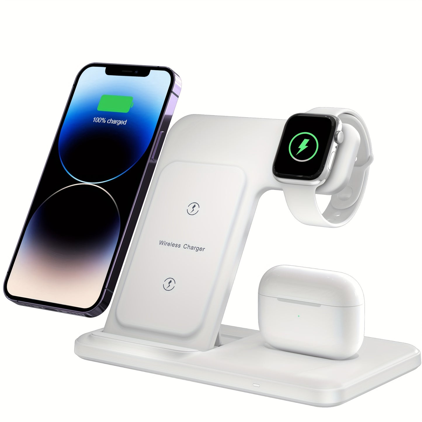 1pc LONET 3 in 1 Fast Charging Station for iPhone, iWatch, and AirPods with horizontal and vertical charging options.