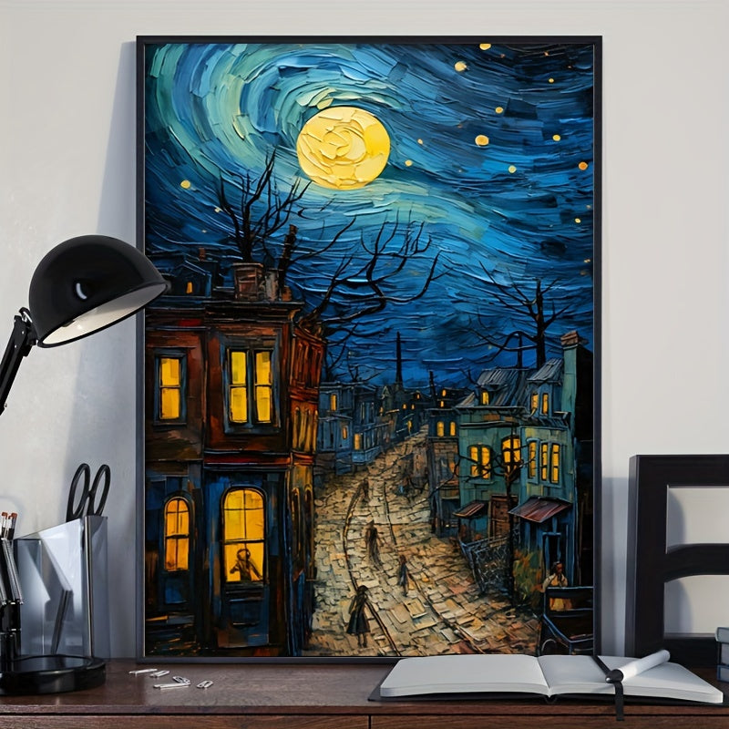 Vincent van Gogh "Starry Night" canvas art print - vibrant oil painting reproduction, unframed wall decor for multiple rooms, vertical orientation.