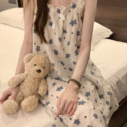 Textured nightgown with floral print and bow, perfect for women's sleepwear.