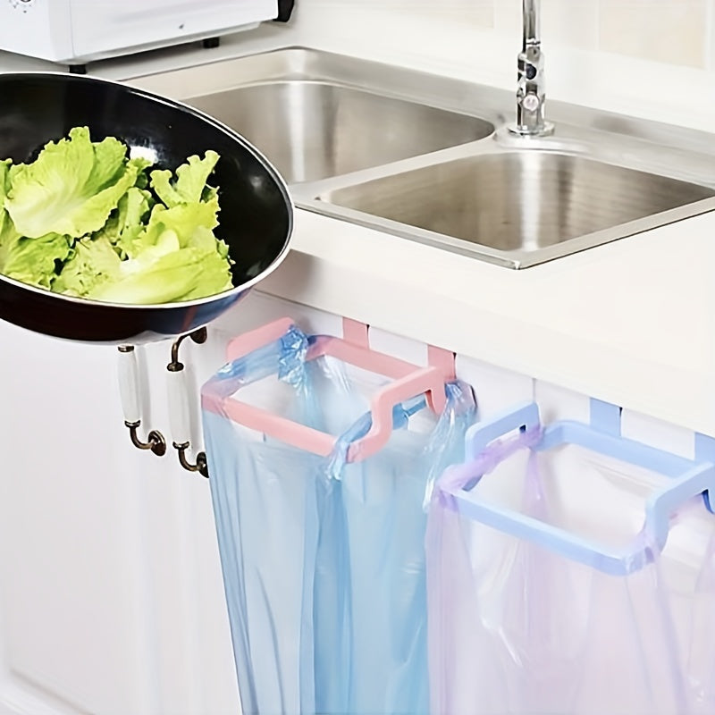 Reusable plastic bag holder rack for kitchen, pantry, garage, and bathroom that fits over a cabinet.