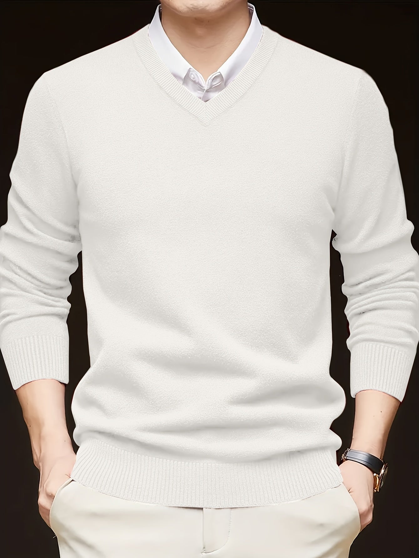 Solid color V-neck knit sweater for men, casual trendy long sleeve pullover, great as a gift.