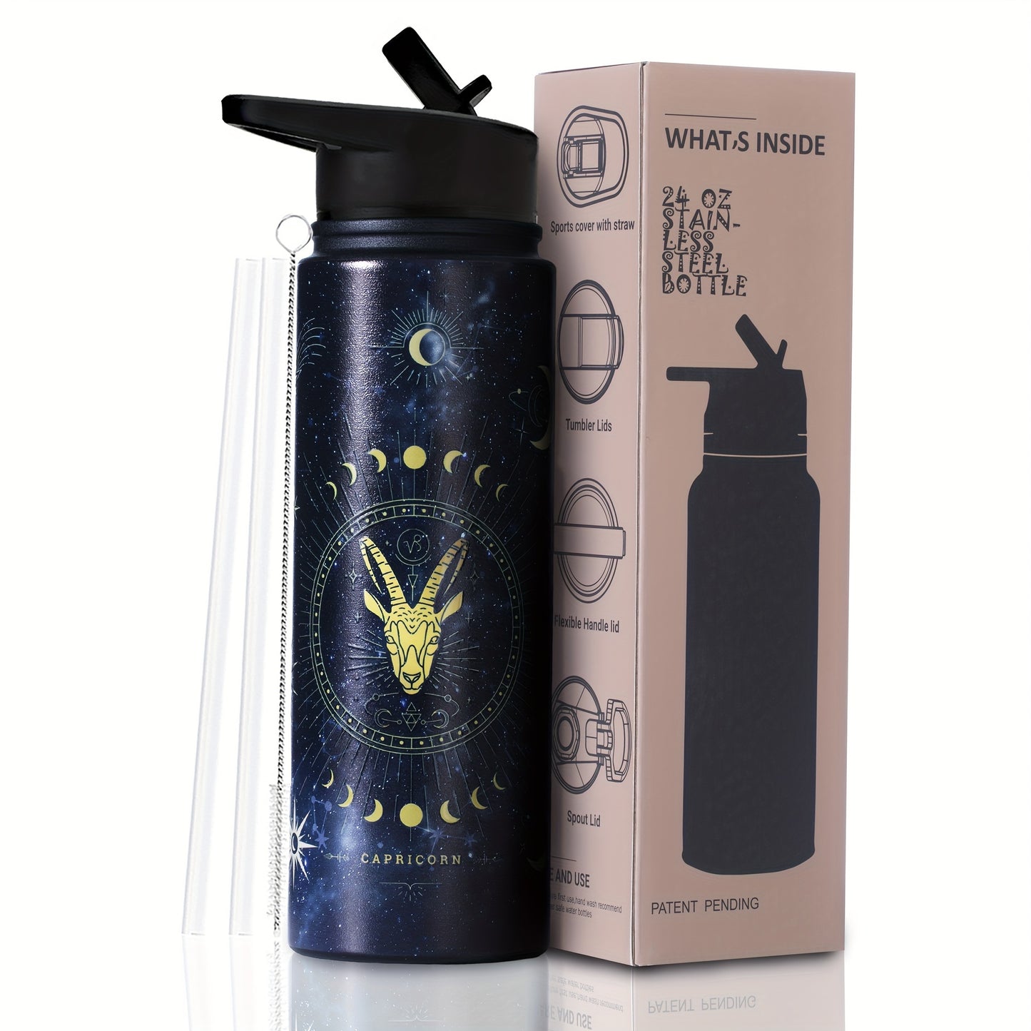 1pc Stainless Steel Zodiac Water Bottle with Lid, Straw, and Double Wall Vacuum Insulation - Ideal for Travel, Outdoor Activities, or as a Birthday Gift. Great for Halloween parties or as room decor.