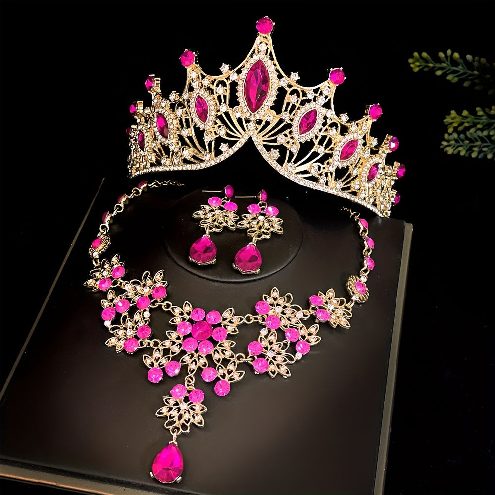 3pc Bridal Crown Set with Tiara, Necklace, and Earrings for Wedding, Photo-shoots, and Parties