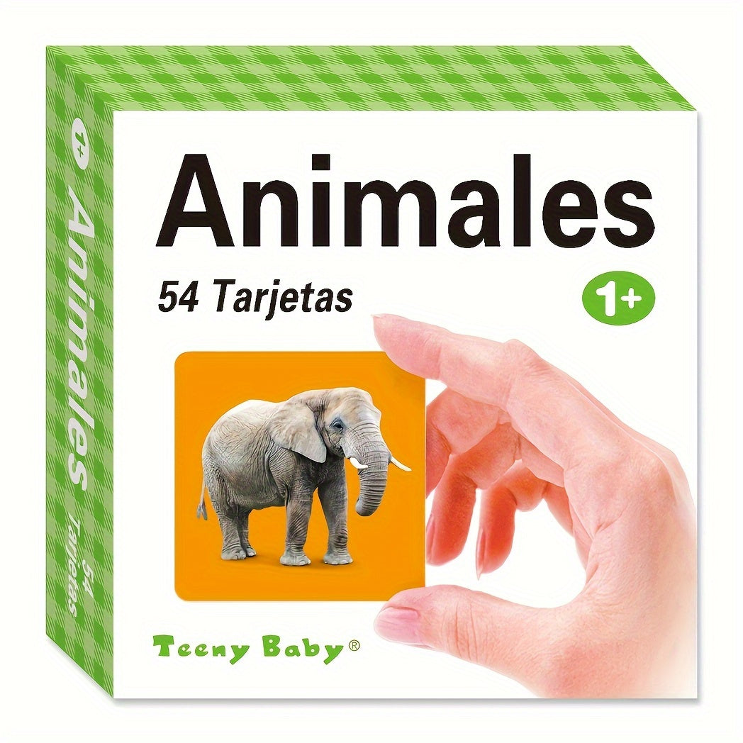 54 Spanish children's animal word learning cards with corresponding image cards, featuring small animals and rounded corners for safety.