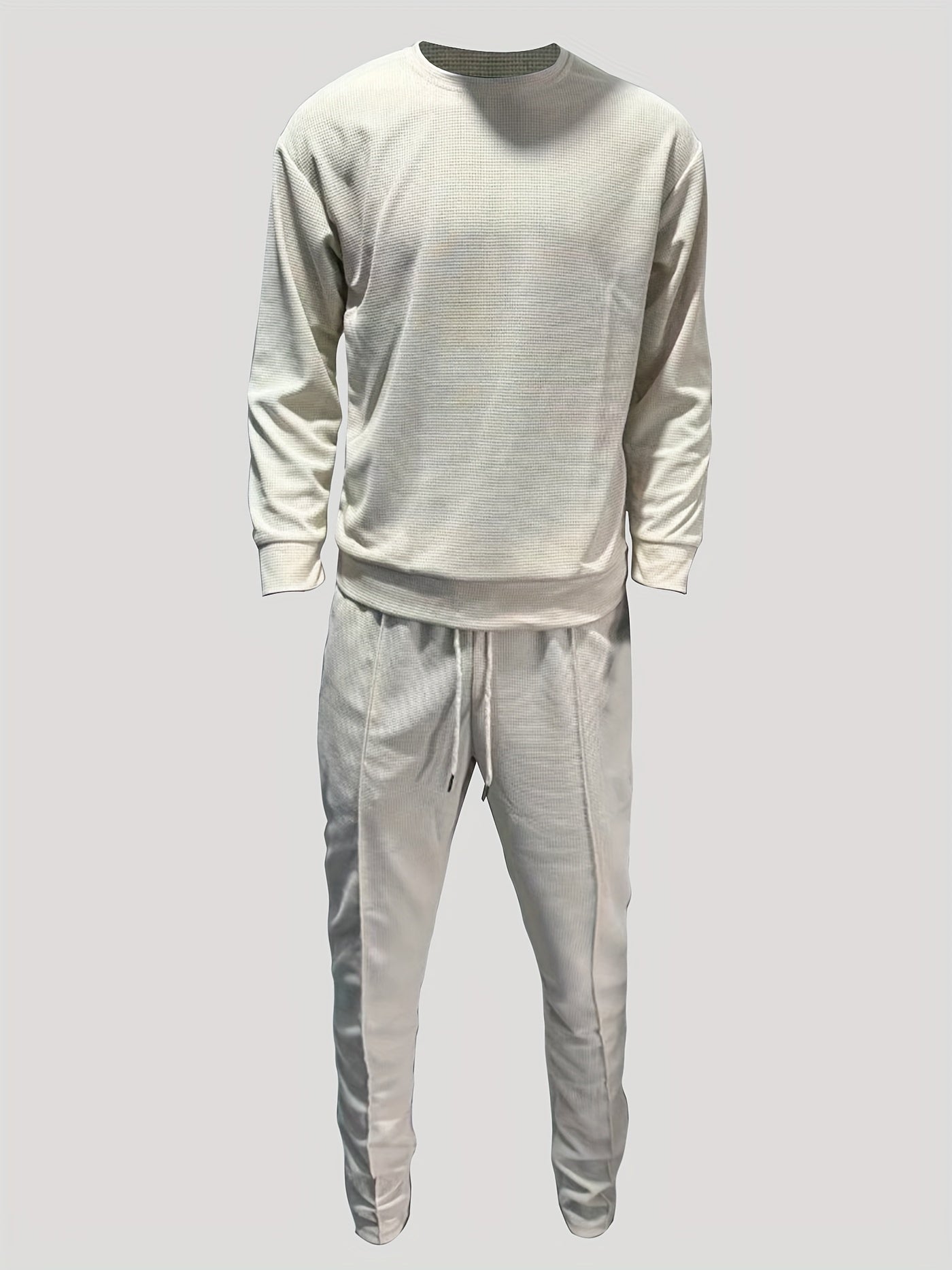 Waffle Pattern Men's 2Pcs Outfits includes crew neck long sleeve pullover sweatshirt and drawstring sweatpants joggers set for Spring Fall.