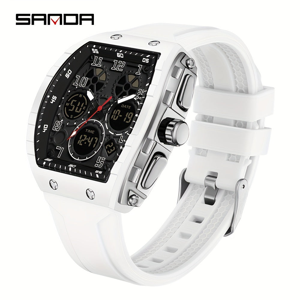 SANDA Fashionable Dial Men's Military Sports Wristwatch, equipped with a Silicone Strap, Multiple Functions, and Waterproof LED Clock.