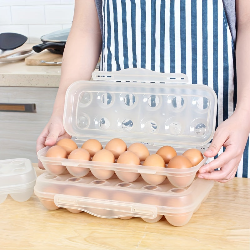 Transparent plastic stackable egg storage container with lid, capable of holding 12/18 eggs. Shockproof and freezer-safe, this space-saving kitchen organizer is perfect for keeping your eggs fresh and organized in the refrigerator.