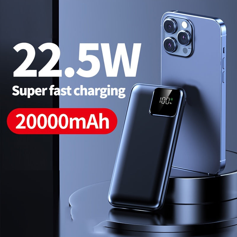 20000mAh portable power supply with 22.5W/PD20W fast charging, LED battery display, dual input and output, compact and portable.