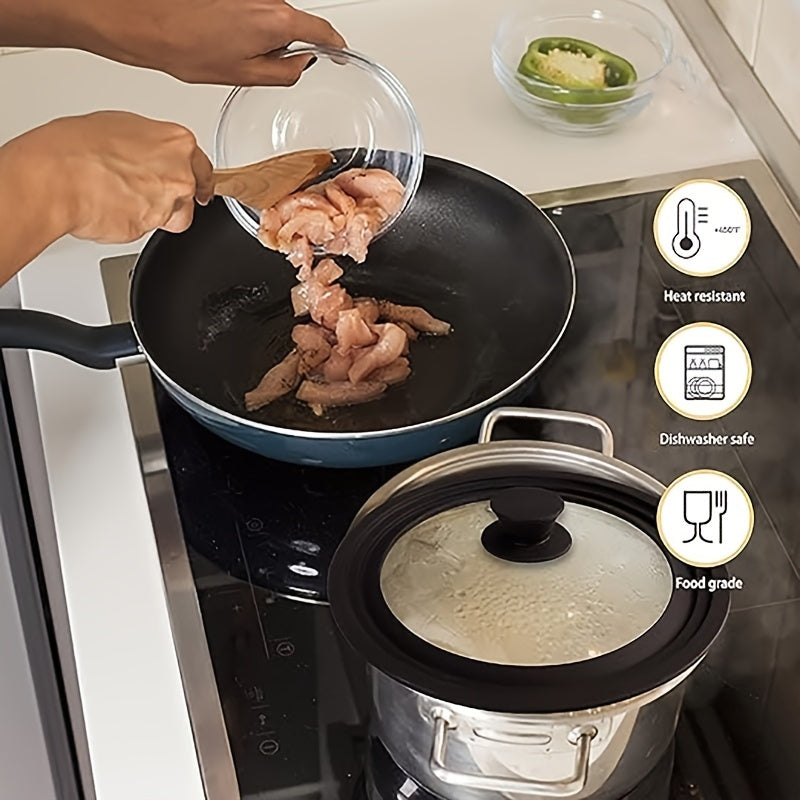 One Silicone Glass Lid that is versatile and can be used with pots, frying pans, steamers, boiling pots, and more.