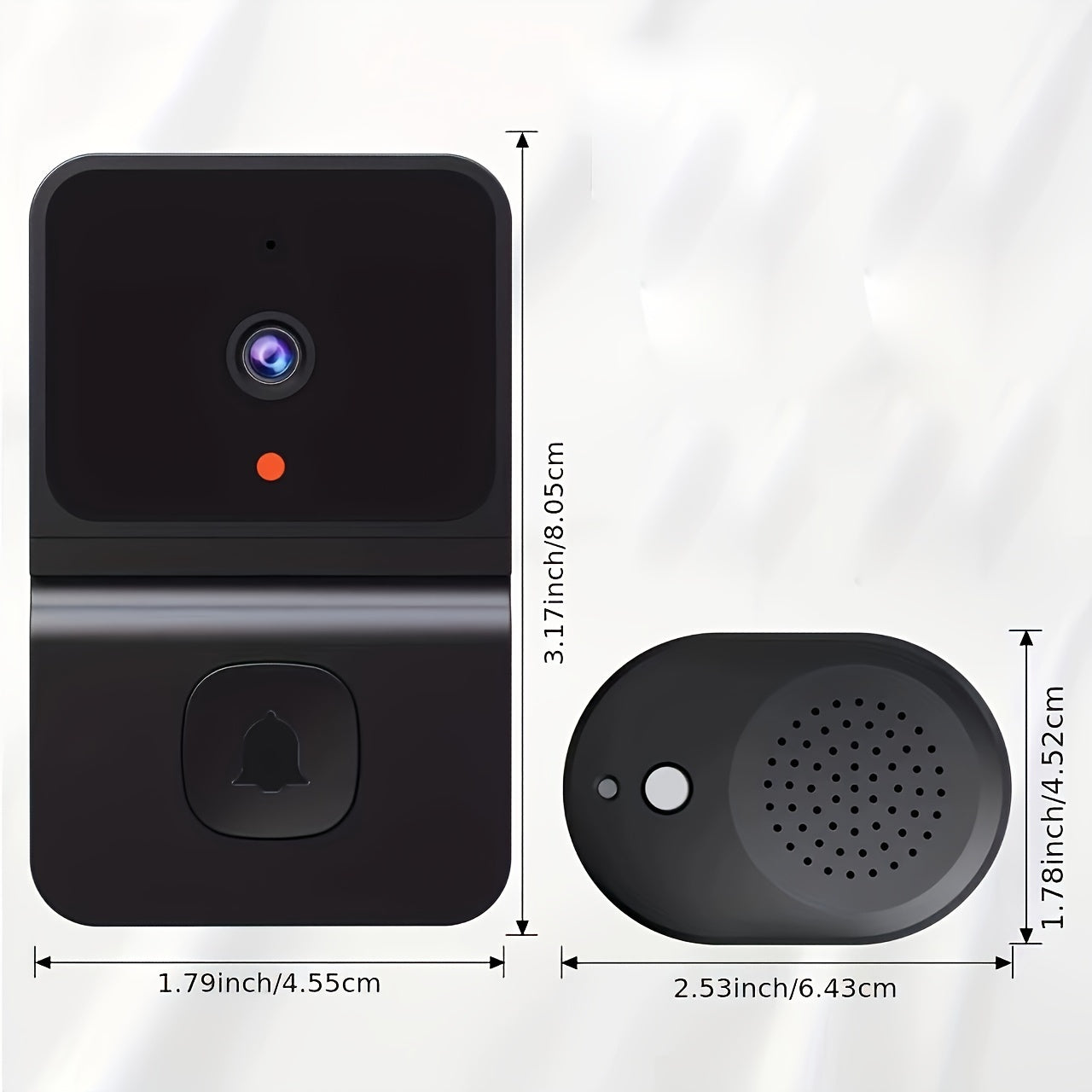 Smart WiFi doorbell with built-in battery featuring 2-way audio, night vision, USB rechargeable, low power consumption, and sleek black design. Supports 2.4G WiFi for easy home surveillance