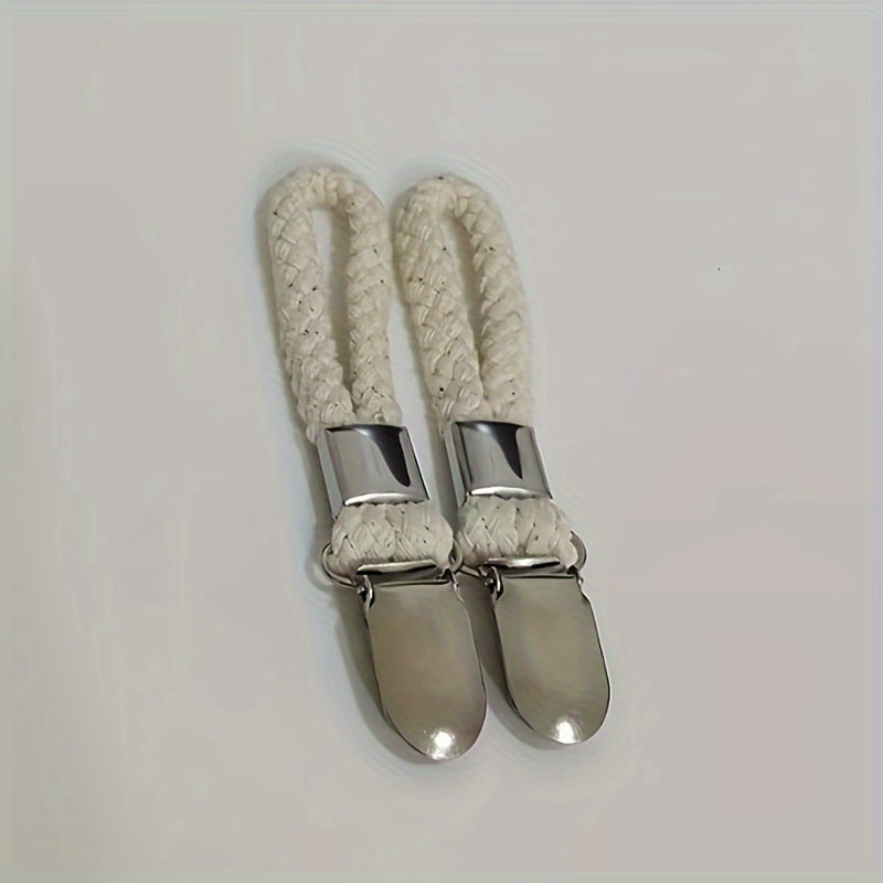 Set of two or four braided cotton loop towel clips with metal clamps for home and kitchen use.