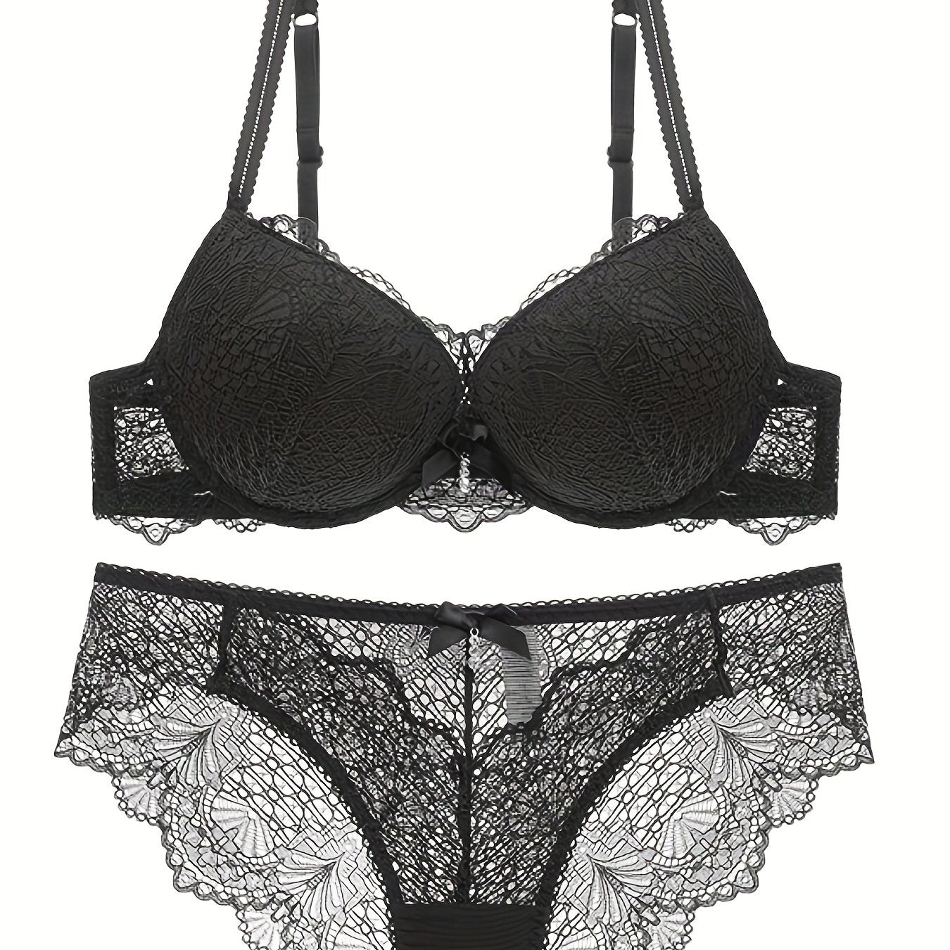 Floral lace lingerie set featuring a sexy push-up lace bra and bow tie panties for women.