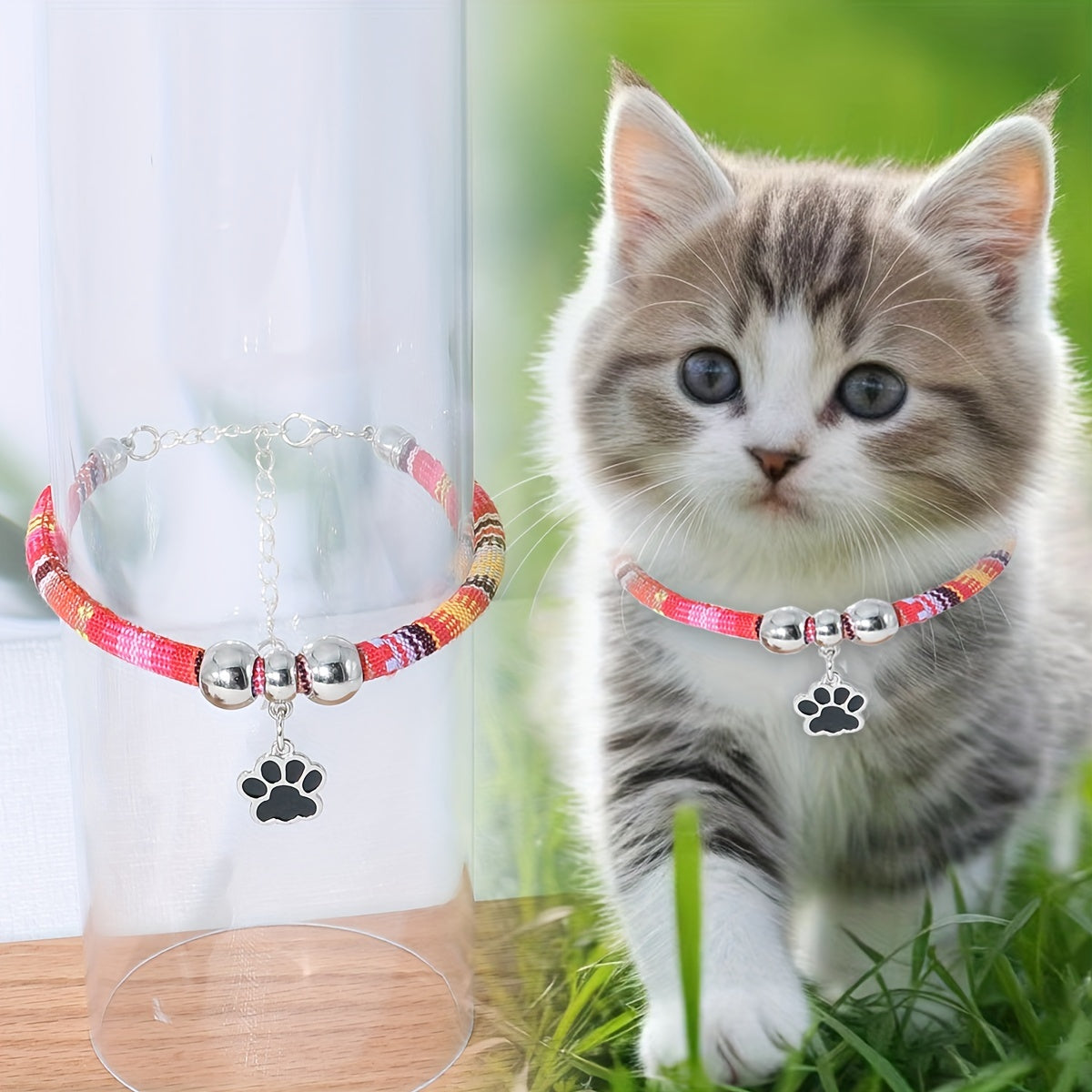 Durable, stylish, adjustable nylon pet necklace with colorful paw print pendant. Suitable for cats and small dogs.