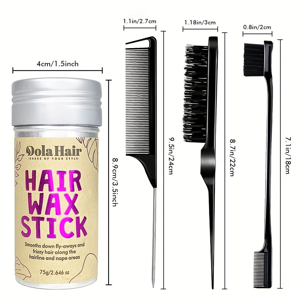 4-piece set for styling hair, including a slick back hair brush, non-greasy hair wax stick, teasing brush, rat tail combs, and edge brush for finishing.