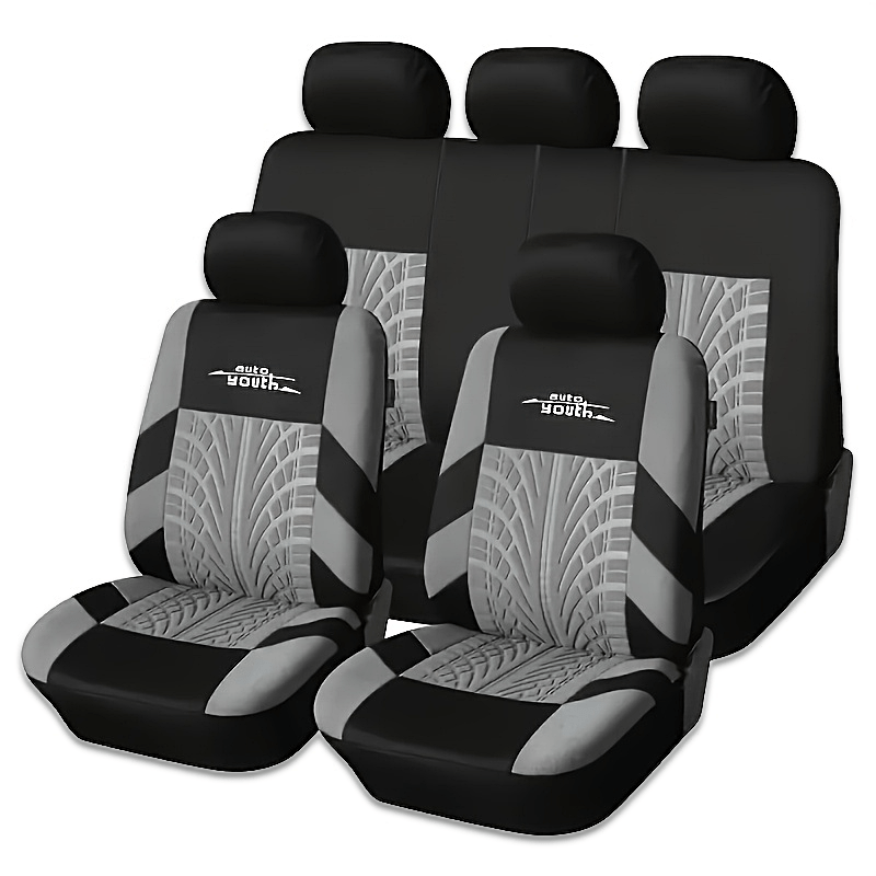 Polyester car seat cover for 5-seater vehicles, breathable and stain-resistant, with tire tread design. Fits sedans and SUVs.