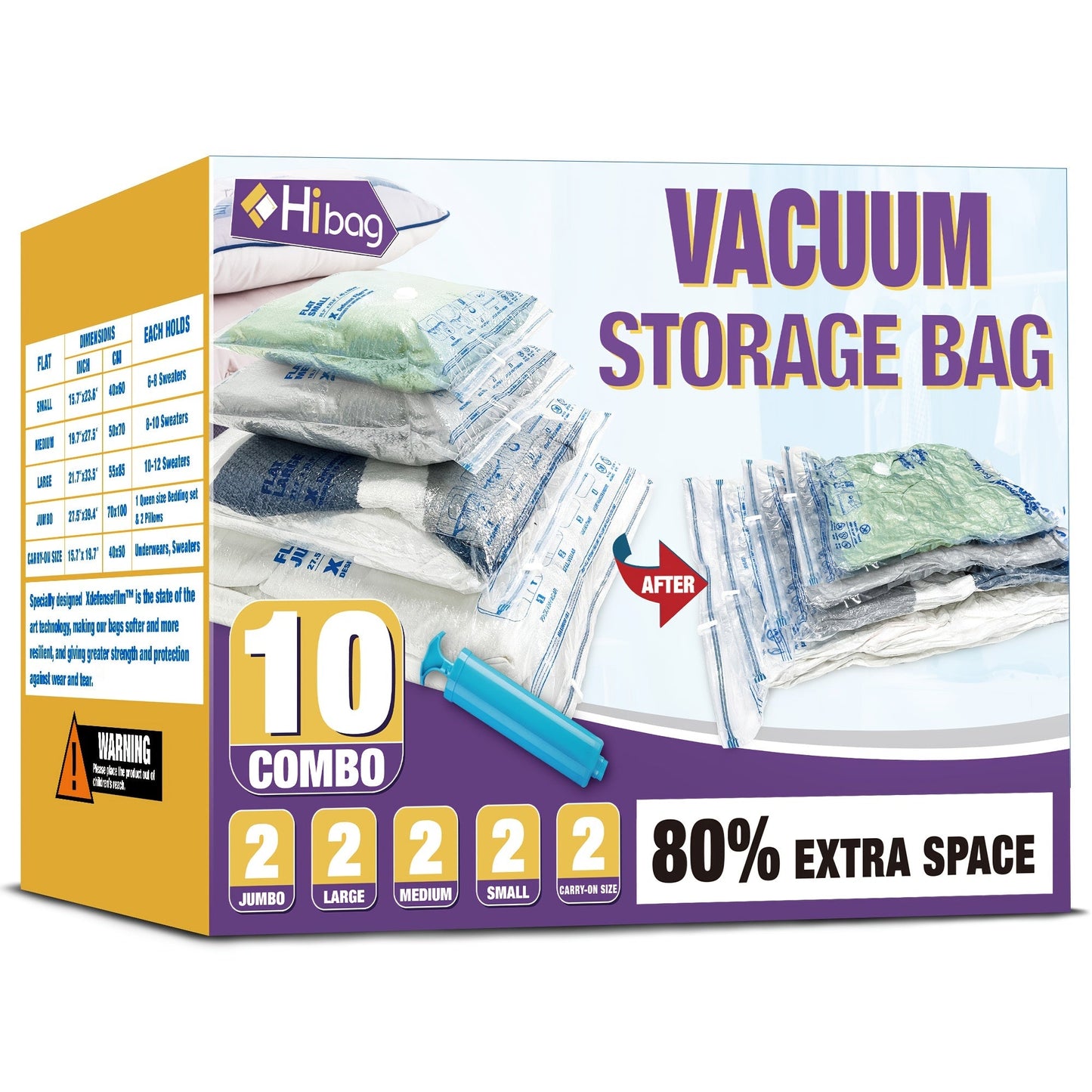 Vacuum Compression Storage Bags with Pump for Clothes, Sweaters, Blankets, Quilts - Space-Saving Organization Solution for Home, Travel, Dormitories, and College - Must-Have Travel and Storage Accessories