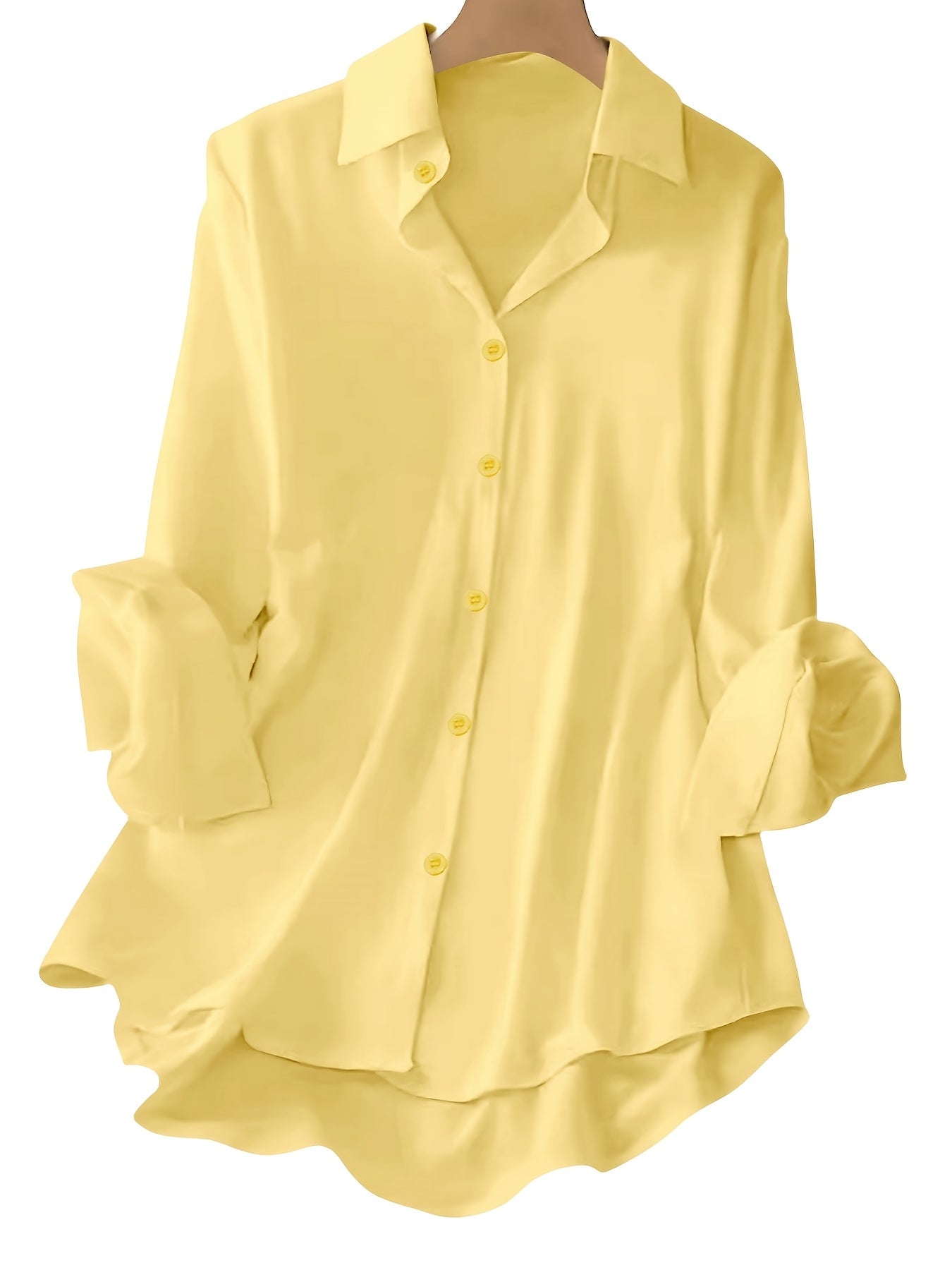 Long sleeve button front shirt in solid color for plus size women.