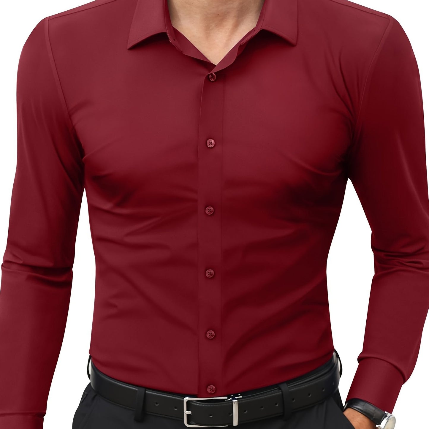 Slim fit long sleeve shirt for men made of 55% cotton, 40% polyester, and 5% spandex. Solid color with lapel collar, button-up closure, and all-season wear. Casual weekend wear, woven