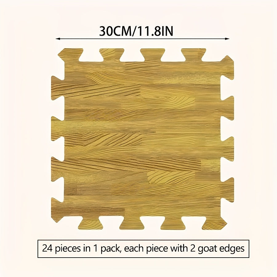 24 wood grain interlocking floor tiles, EVA & PE foam, 30x30 cm, DIY puzzle carpet for indoor use, hand washable.