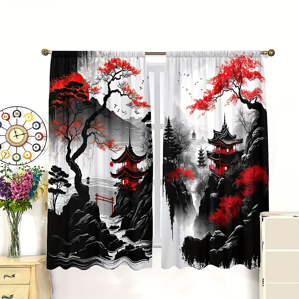 Set of 2 Japanese Mountain Ink Painting Print Curtains with Rod Pocket Mount, Made from Polyester Material, Perfect for Living Room, Kitchen, Bedroom, Study, and Home Decor, Featuring Digital Printing Technology