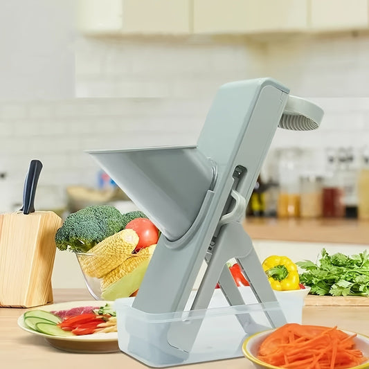 A versatile kitchen tool, the vertical mandoline slicer comes with three interchangeable blades for adjustable slicing thickness. This slicer also includes a convenient container for easy storage of sliced fruits and vegetables. Designed for cutting a