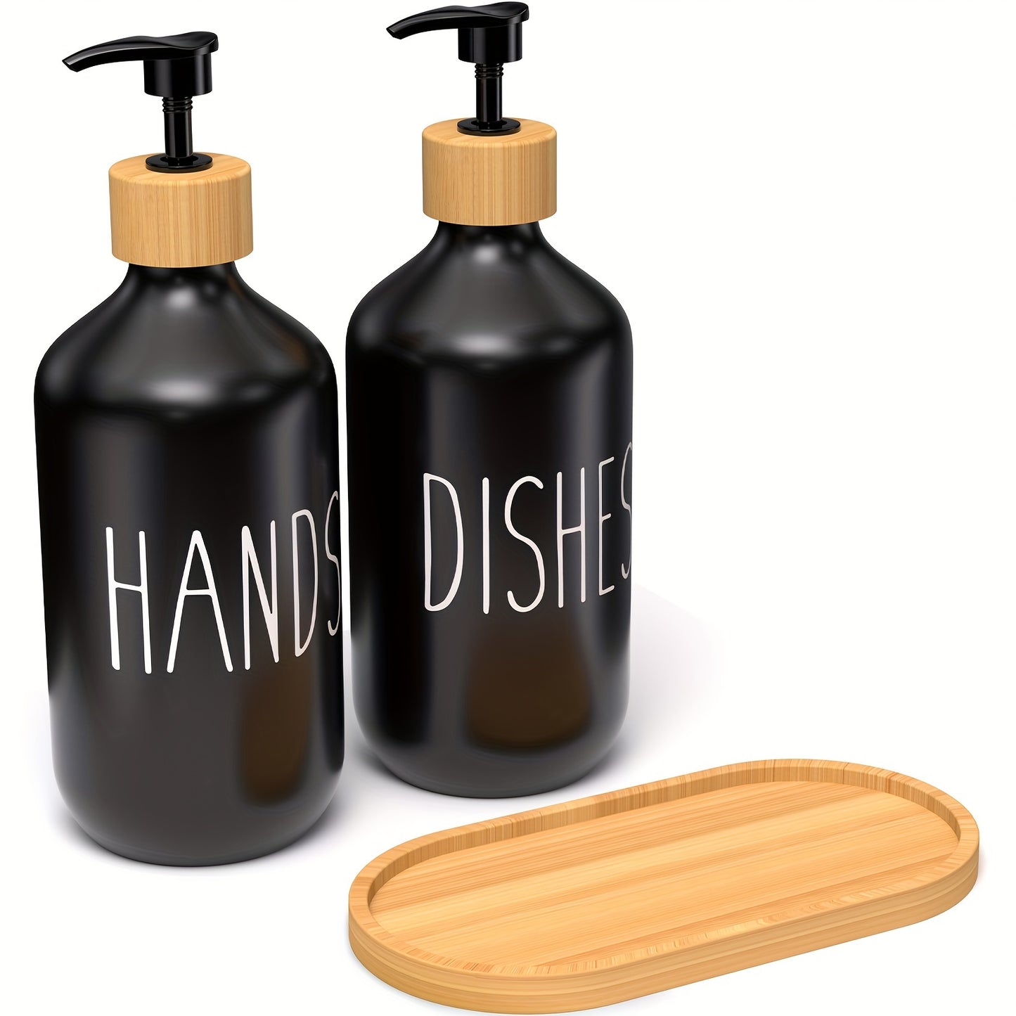 Set of 2 soap dispensers with wooden tray for bathroom. Refillable bottles for hand and dish soap. Bathroom accessories.