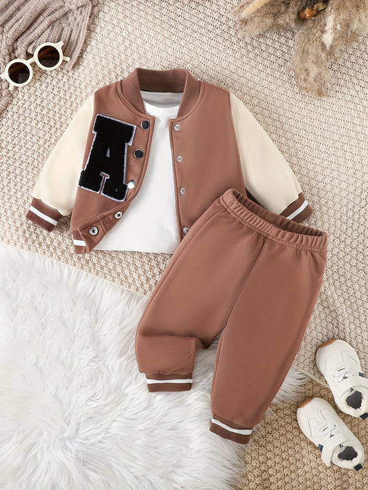 Infant boys' casual outfits for fall/winter: trendy baseball coat and pants set.