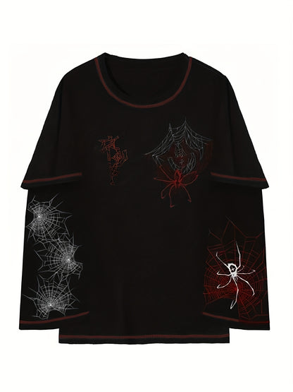 Y2K Spider Web Pattern Fake Two-Piece T-Shirt