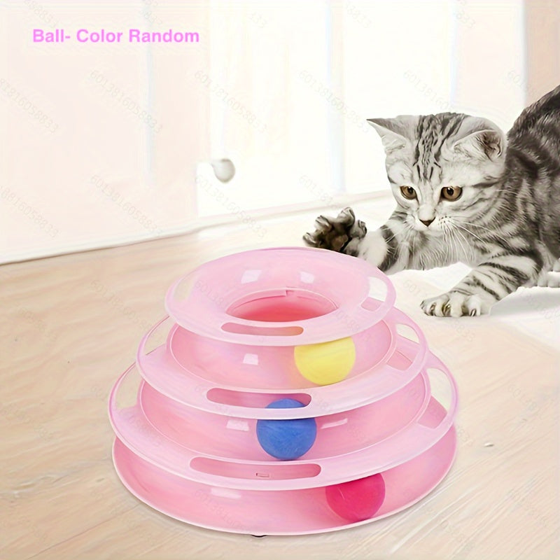 Three-level cat toy tower with rotating balls made of durable plastic. Provides entertainment and stimulation for pets, no batteries required. Various ball colors included.