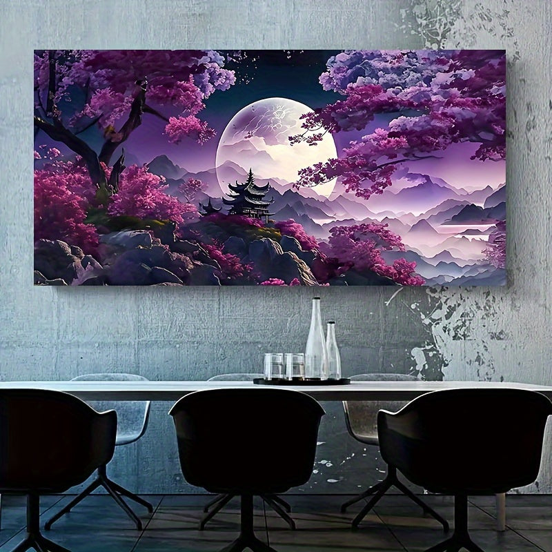 Modern abstract mountain water oil painting with purple background, moon, and tree - art print for living room and home.(Frame not included)